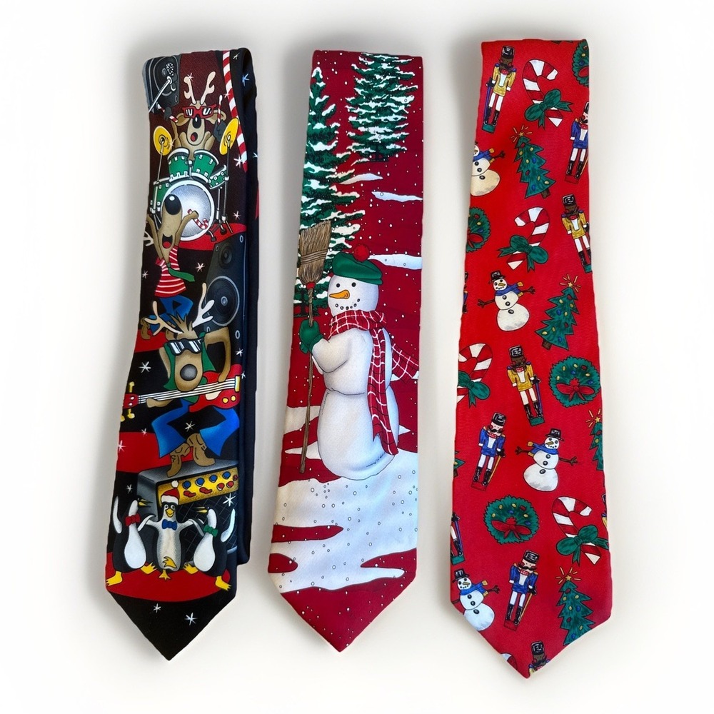 Lot Of 3 Christmas Novelty Ties Dr Snowman Rock And Roll Reindeer Nutcracker